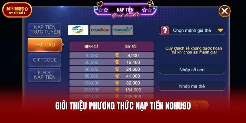 Giới thiệu phương thức nạp tiền Nohu90